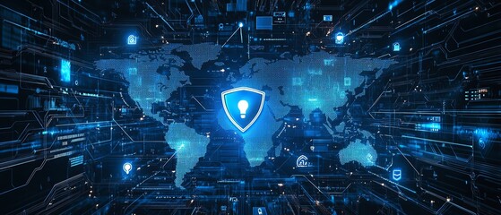 Secure global digital network, showing encrypted data travel across continents, surrounded by AI security shields, preventing outside cyber attacks, hightech futuristic look