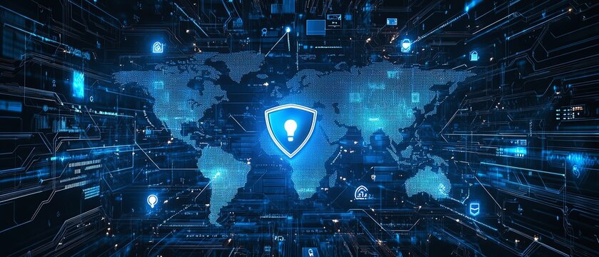 Secure global digital network, showing encrypted data travel across continents, surrounded by AI security shields, preventing outside cyber attacks, hightech futuristic look