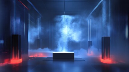 Obraz premium Futuristic neon-lit room with smoky atmosphere and glowing platform.