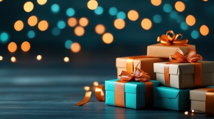 Stacked gifts with ribbons on dark wood, festive bokeh background