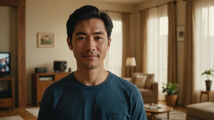 Fototapeta premium Happy Japanese Father in Bright and Cheerful Living Room: Smiling Parent Looking at Camera in a Cozy and Well-Lit Home Environment