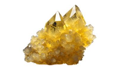 Sulfur crystal with a vibrant yellow color and rough texture, isolated on a empty plain background