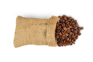 Coffee beans spilling out of a bag. Isolation on a transparent background.
