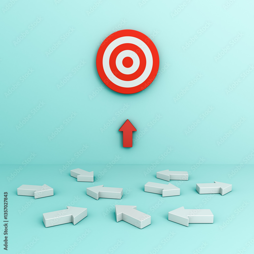 Poster focus one red different up arrow aiming or pointing to goal target or dart board amongs white arrows