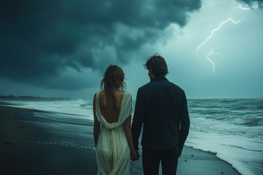 Love's Tempest: A couple walks along a moody beach beneath a dramatic sky, a lightning flash illuminating their embrace. A scene of resilience and hope in the face of adversity. - Powered by Adobe