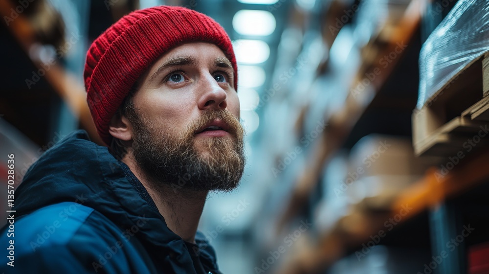Poster A warehouse worker wearing a red beanie is closely examining inventory on shelves in a distribution center. The ambient lighting creates a productive atmosphere for managing stock.