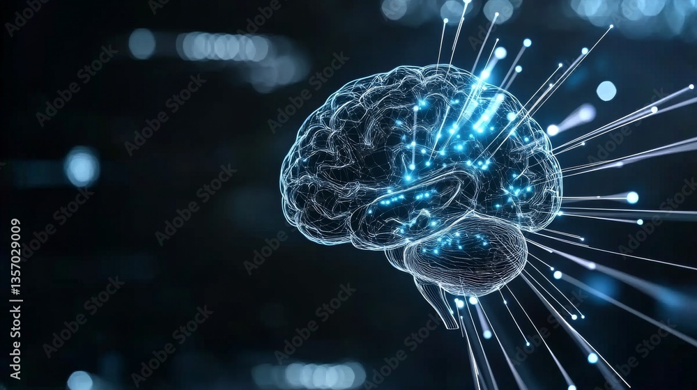 Poster neural data streams represented through a futuristic visualization of brain activity and innovation