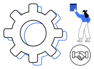 Large gear representing processes, businesswoman holding calculator for analytics, handshake for partnership. Ideal for teamwork, operations, decision-making, business strategy, problem-solving