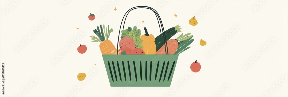 Poster fresh vegetables and fruits in a green shopping basket on a soft pastel background with minimalistic
