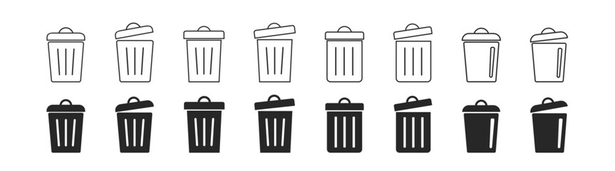 Bin icon set. Trash can icon set. Waste, rubbish, garbage set icons symbols. Delete sign and symbol.
