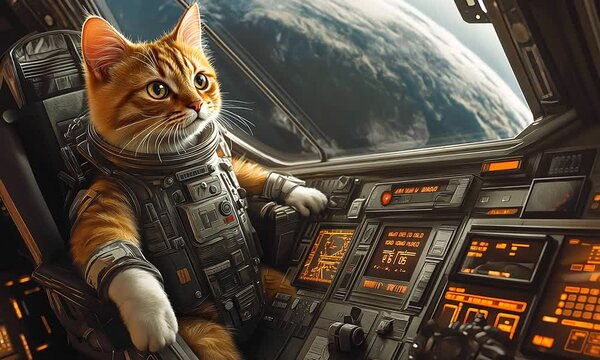 Funny orange cat in astronaut suit piloting spaceship with planet Earth visible through window. Concept of animal humor in science fiction setting