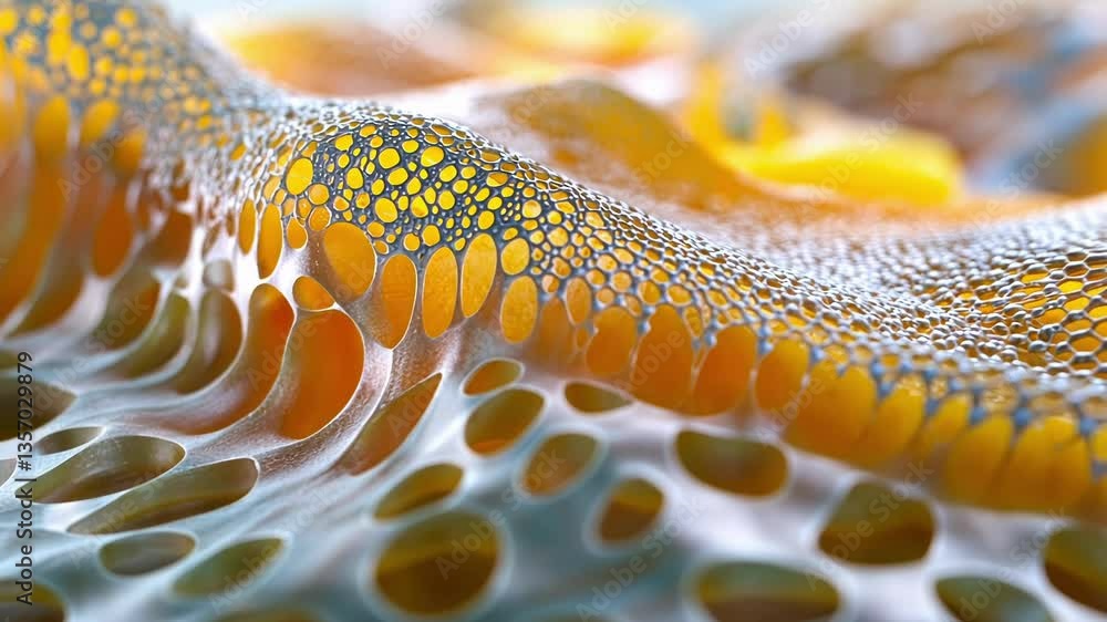 Poster close up view of vibrant, intricate cellular structures resembling biological forms, showcasing a ne