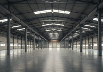 View of an empty warehouse with metal beams and a polished concrete floor and natural light coming in