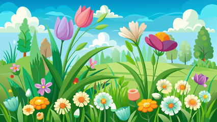 Fototapeta premium Grass and spring flowers blooming on nature