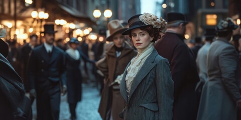 A historical re-enactment of a city adjusting to daylight saving in the early 1900s, period costume setting