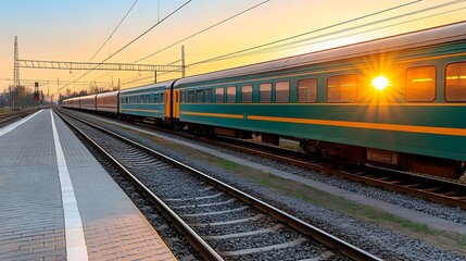 Naklejka premium Train at sunset on railway platform.