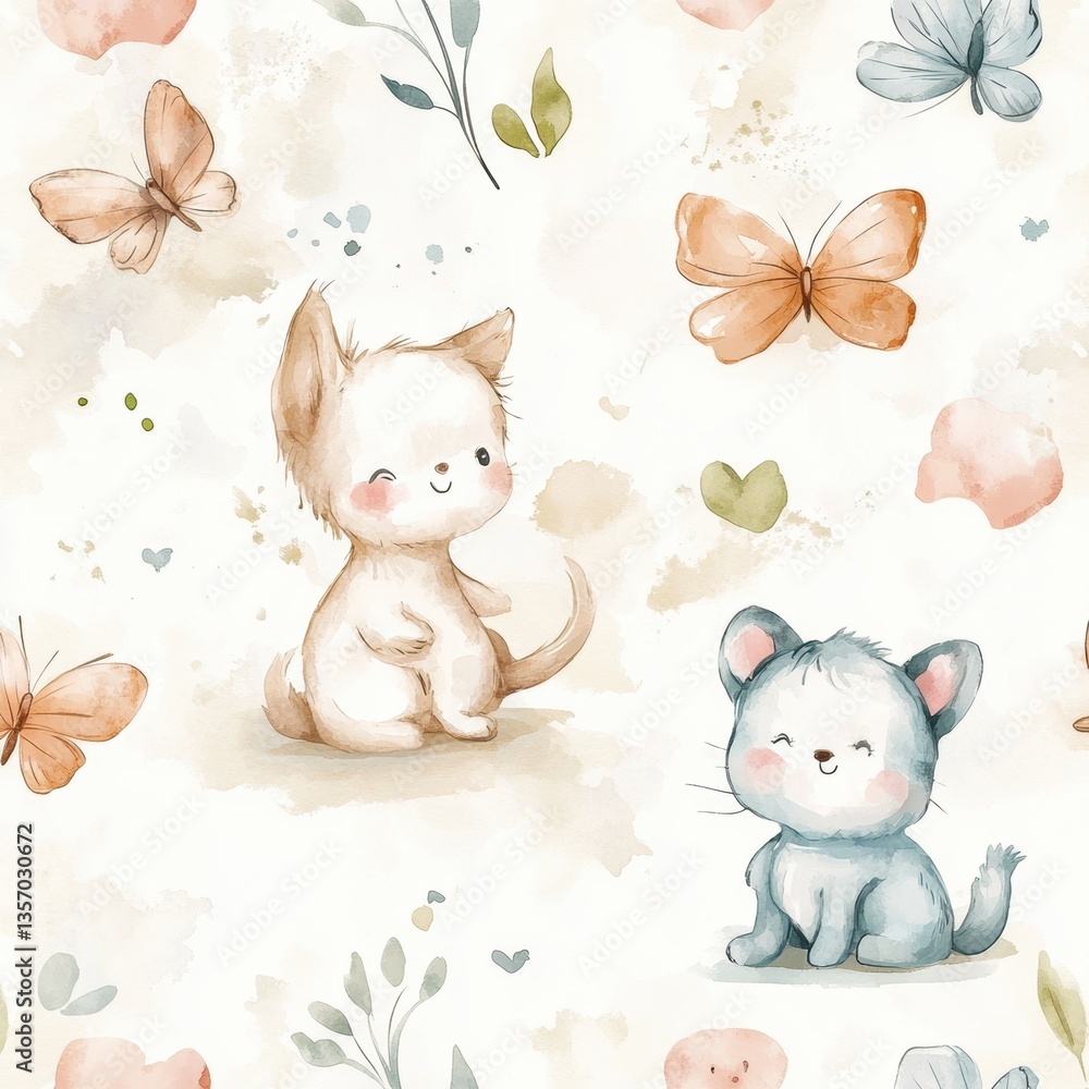 Poster playful kittens and puppies chase butterflies in a seamless watercolor baby pattern with soft pastel