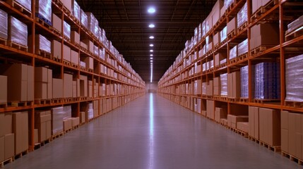 A vast warehouse filled with neatly stacked boxes on shelves, creating a symmetrical and organized storage space.