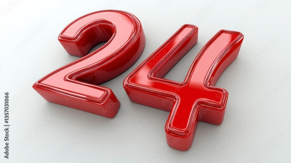 Poster 3d rendering of red numbers 24 with stitched texture on white background. glossy and shiny effect.