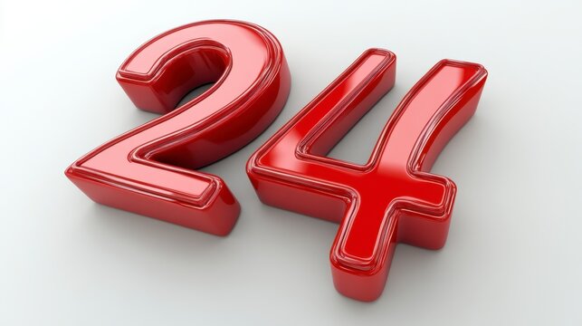 3D rendering of red numbers 24 with stitched texture on white background. Glossy and shiny effect.