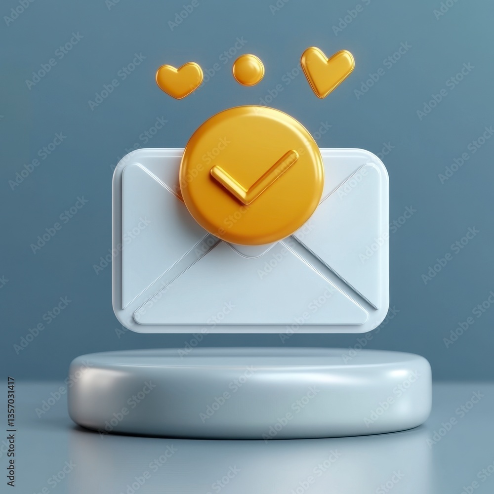 Aufkleber 3d render of a white envelope with a gold check mark and hearts on a gray background. the envelope i