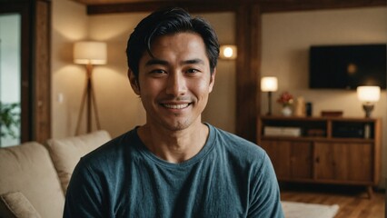 Obraz premium Relaxed Japanese Man in Comfortable Living Room: Smiling Individual Enjoying a Cozy Home Setting with Soft Furniture