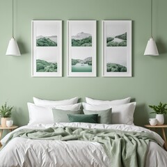 Serene Green Bedroom with Landscape Prints