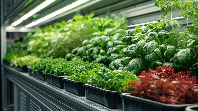 Urban Farm: Fresh vegetables thriving under controlled conditions, an indoor farm shows growth and sustainability. A vibrant ecosystem showcasing the future of urban agriculture.