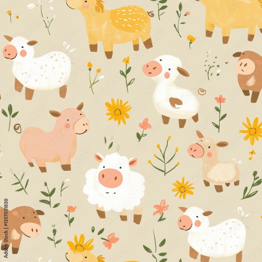 Aufkleber charming seamless farm-themed pattern with hand-drawn animals in warm earthy colors for baby items g