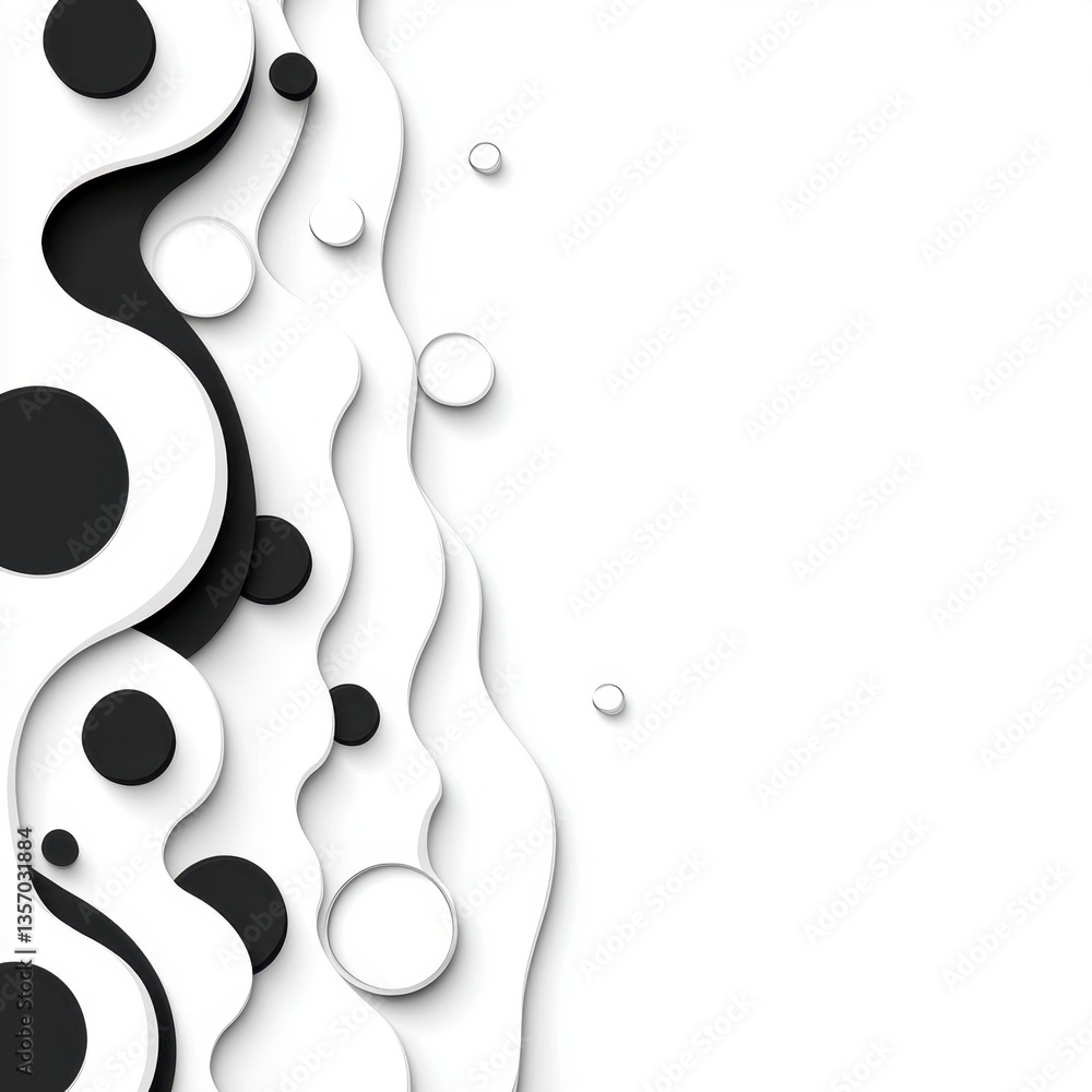 Poster abstract black and white background with layered circles and wavy lines. clean, modern design with a