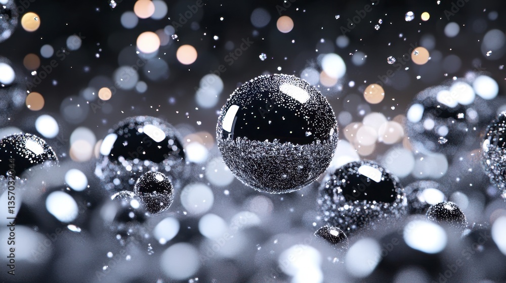 Poster abstract background with black spheres and bokeh lights. dark and moody atmosphere, glittering parti