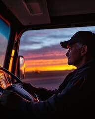 A long-haul truck driver adjusting his dashboard clock during an early morning break