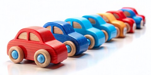Adorable Wooden Car Toys on White Background with Copy Space for Text