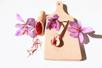 Crocus sativus, commonly known as saffron crocus, or autumn crocus. The crimson stigmas called threads, are collected to be as a spice. It is among the world's most costly spices by weight.