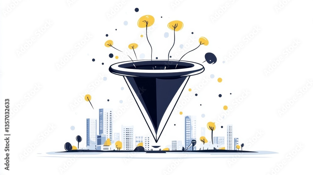 Poster abstract illustration of a dark funnel over a cityscape, with small yellow particles exploding upwar