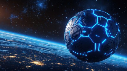 Naklejka premium Futuristic sphere orbiting Earth, glowing blue lines, hexagonal panels, night view of planet.