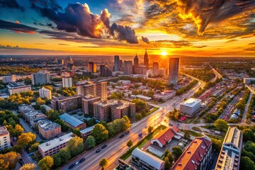 Aerial Drone Shot: Cityscape at 1:36 AM/PM - Golden Hour Light