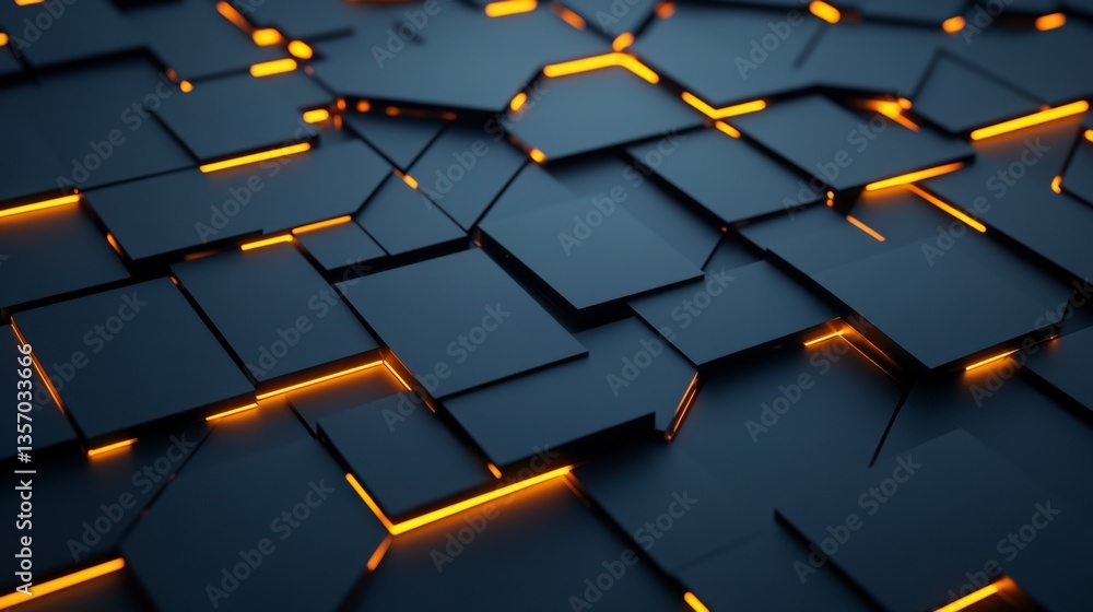Poster abstract background with dark gray square blocks and orange glowing edges. the blocks are arranged i