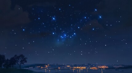 Fototapeta premium The Orion constellation clearly visible in a dark night sky over a city