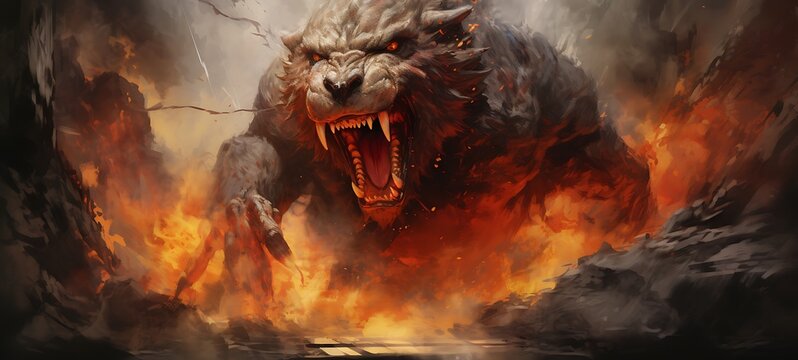 Epic ifrit kingkong wolf War earth burn, ai generative