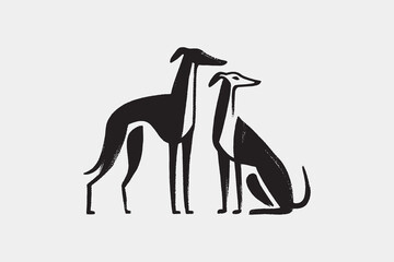 Hand-drawn black and white illustration of two graceful greyhounds
