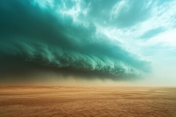 dramatic desert storm approaches with swirling clouds and dusty landscape, creating intense atmosphere of nature power and beauty. scene captures raw energy of environment