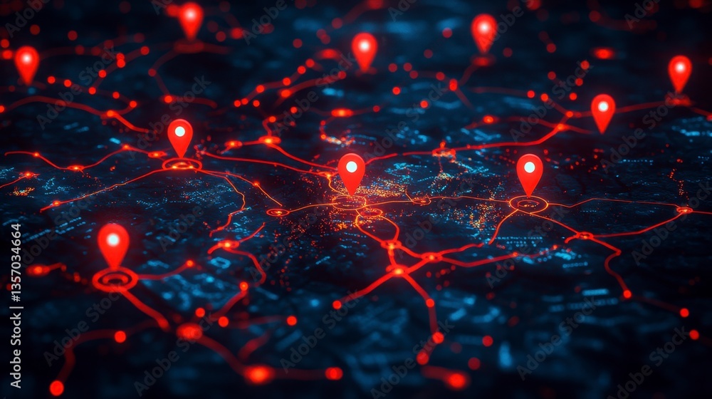 Poster abstract digital map with red location markers and glowing network connections, dark blue and red co