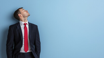 headless businessman in navy suit leans against blue wall, exuding confidence and professionalism