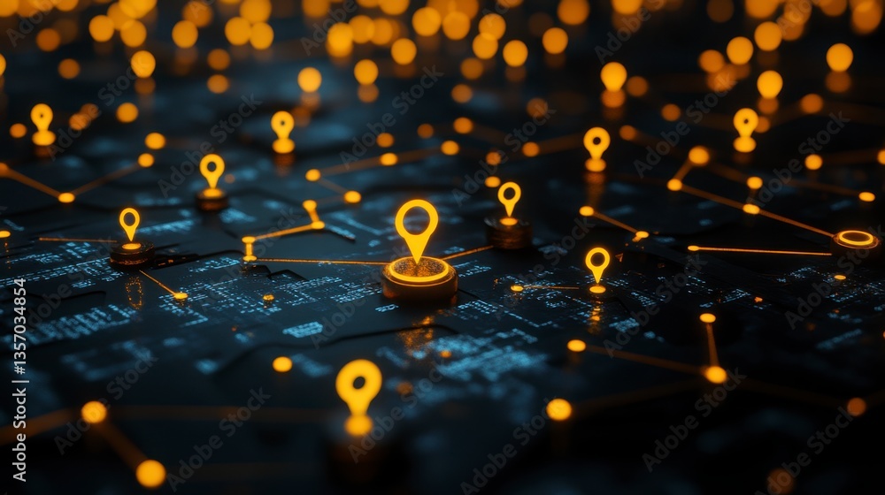 Poster abstract digital network with glowing orange location pins on a dark circuit board background. the i