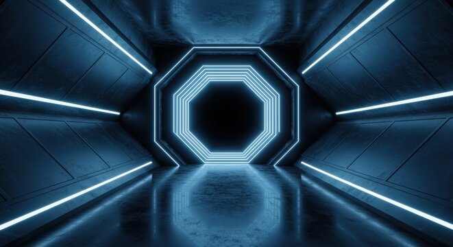 A futuristic tunnel with blue neon lights and an illuminated octagonal doorway leading into darkness 04