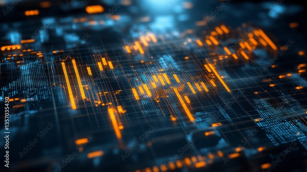 Poster abstract digital landscape with glowing orange and blue lines forming complex patterns on a dark bac