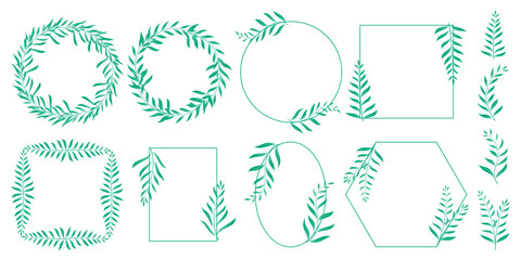 Green rustic set of frames and twigs. Round rim, square, rectangle, oval frame shape with botanical herbs. Simple collection of foliage elements for design. Vector graphics