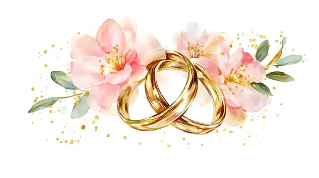 Elegant wedding rings surrounded by soft pink flowers and golden accents on a bright backdrop