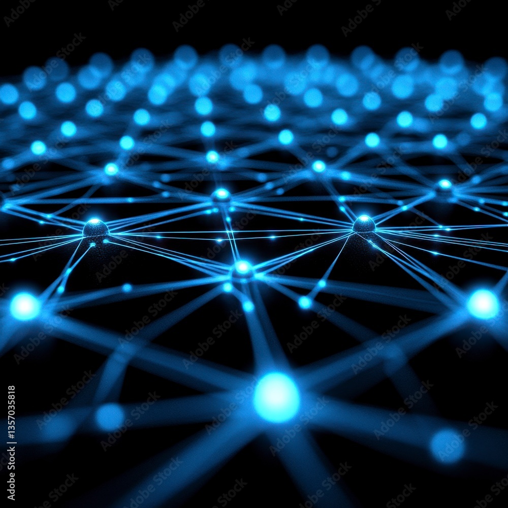 Poster abstract network illustration featuring glowing blue nodes connected by lines against a black backgr